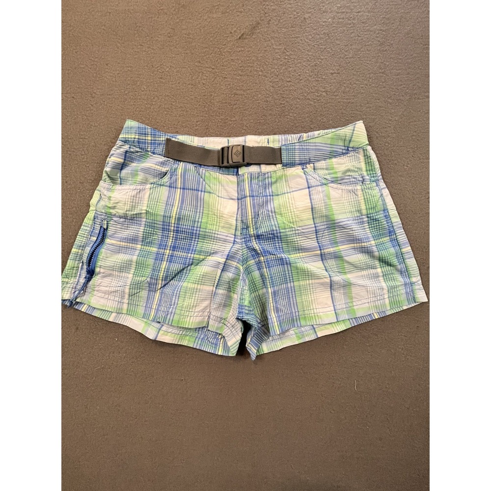 Columbia Omni-Wick Womens 4 Nylon Hiking Shorts Blue Green Plaid Belted